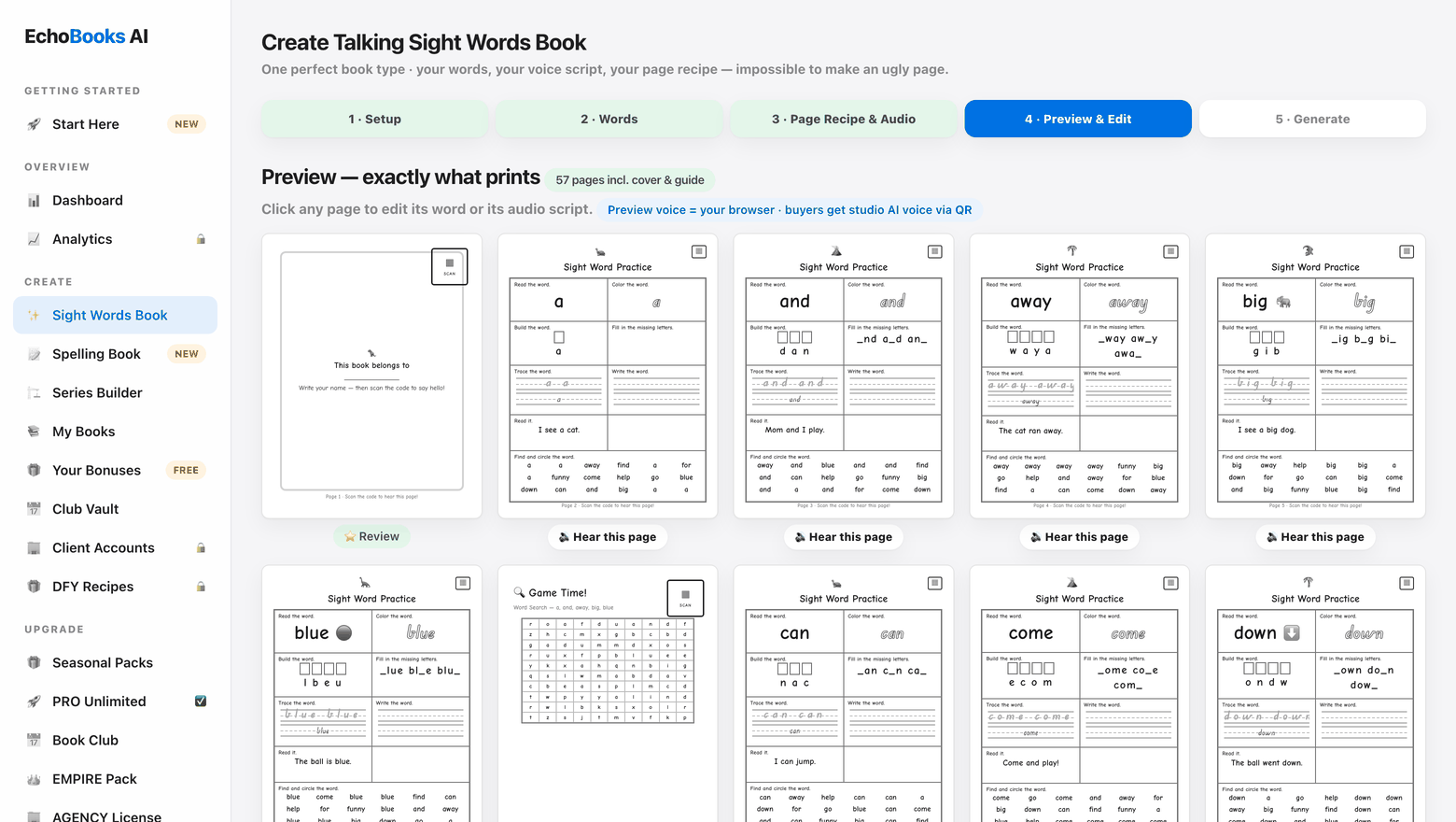 The EchoBooks AI builder at step 4, previewing all 57 pages of a sight-words workbook before generating the PDF