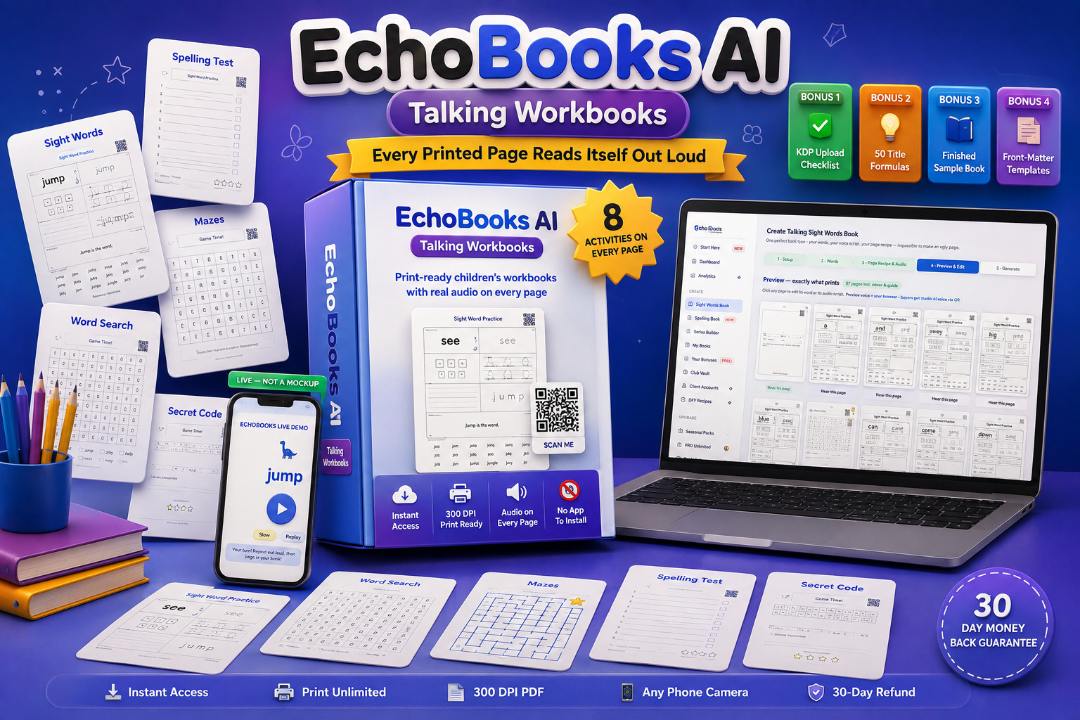 EchoBooks AI — printable children's workbooks with a QR code on every page: sight word, word search, maze, spelling test and secret code pages, the builder open on a laptop, and the talking page playing on a phone